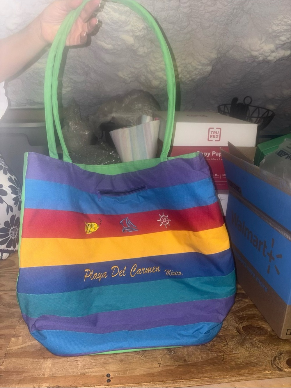 Playa Del Carmen Spacious Multicolor Striped Tote Bag - Green Handles